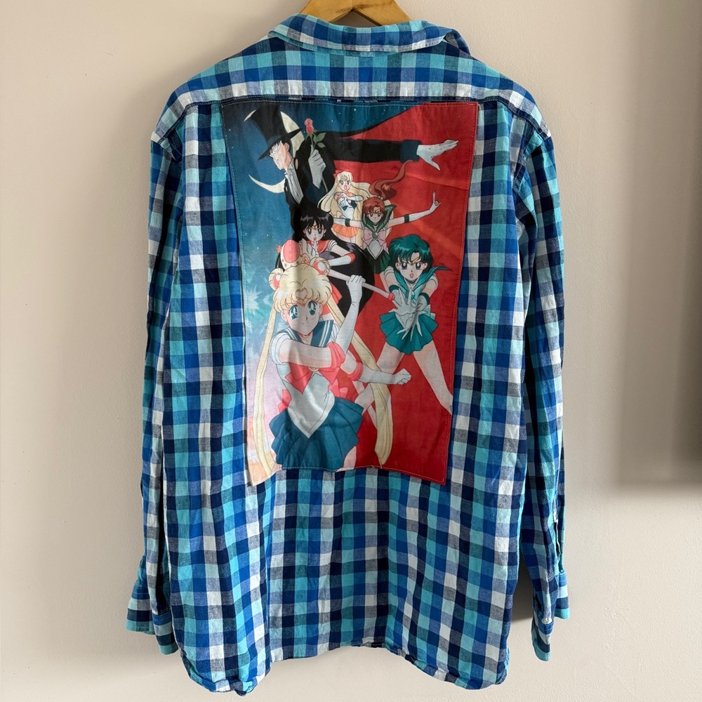Custom Sailor Moon Panel, Old Navy Blue and White Plaid Shirt Jacket